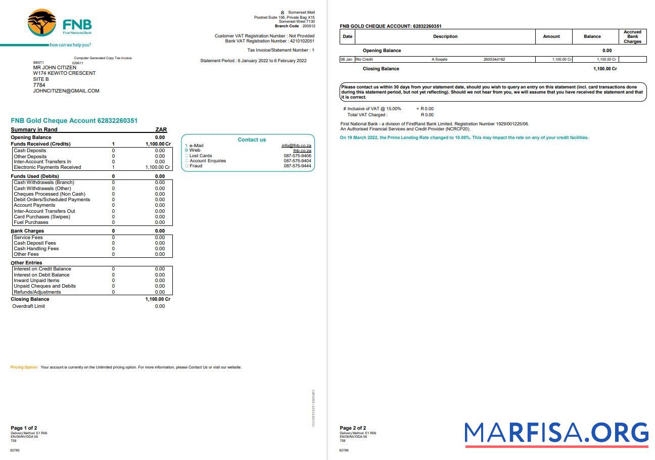 Realistic South Africa FNB bank statement word 2 pages template